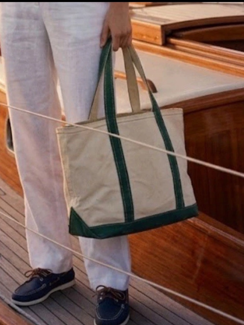 Vintage L.L. Bean Boat Canvas Tote Bag with Green Trim Long Handle Medium 1990s